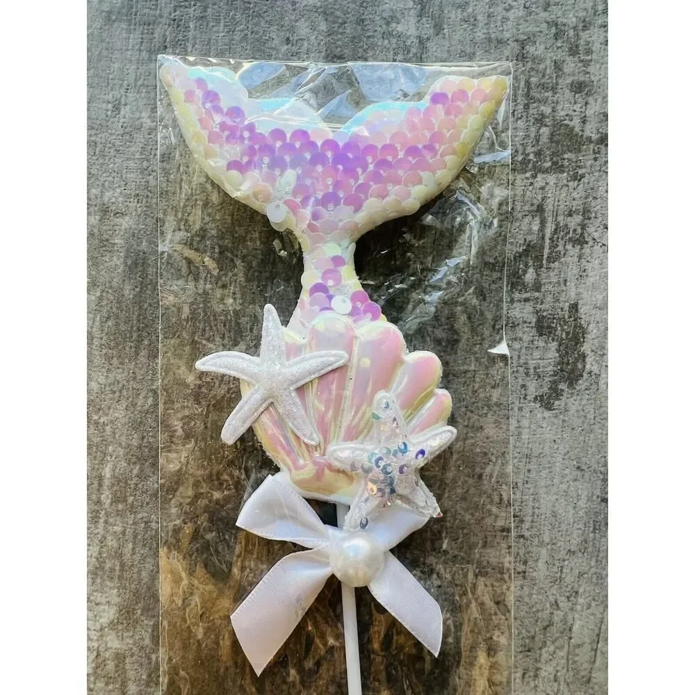 Mermaid Tail Girls Sequin Star Starfish Shell Birthday Party Cake Topper NEW